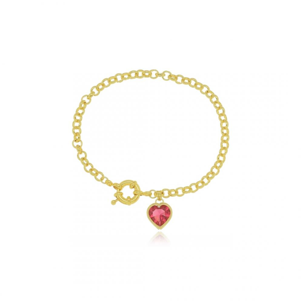 Pulseira de elo português com pingente de coração e fecho de boia banhada a ouro 18k 