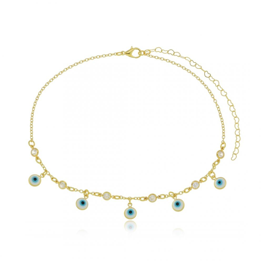 Choker com pingentes de olho grego e ponto de luz folheada a ouro 18k