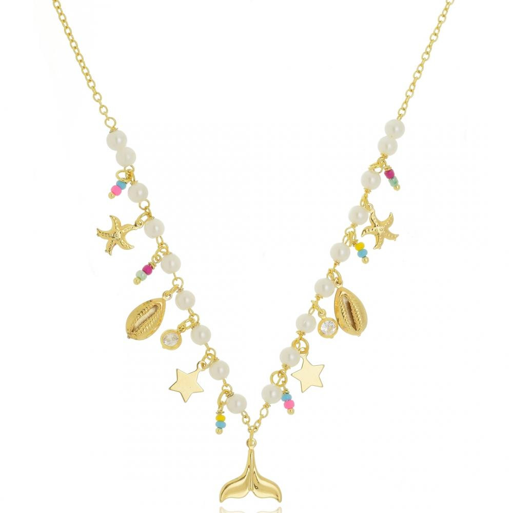 Colar com pérola e pingentes diversos folheado a ouro 18k