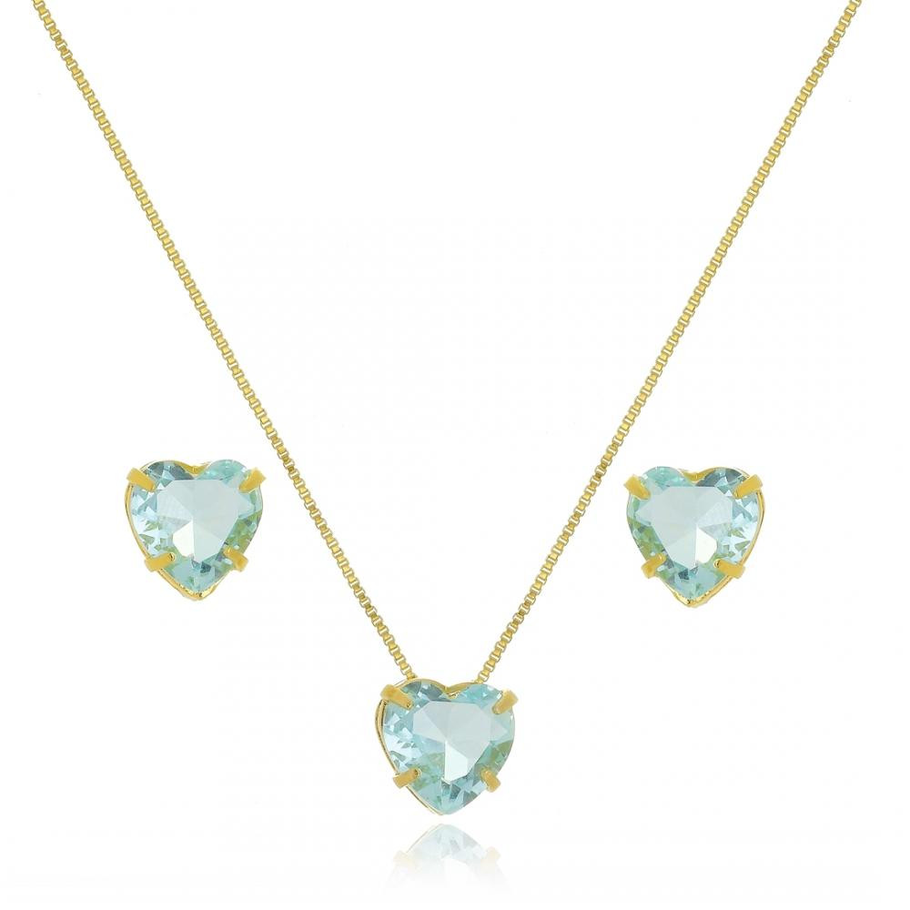 Conjunto de coração cravejado com zircônia banhado a ouro 18k