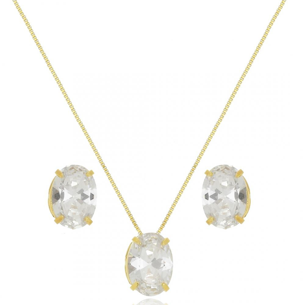 Conjunto redondo cravejado folheado a ouro 18k
