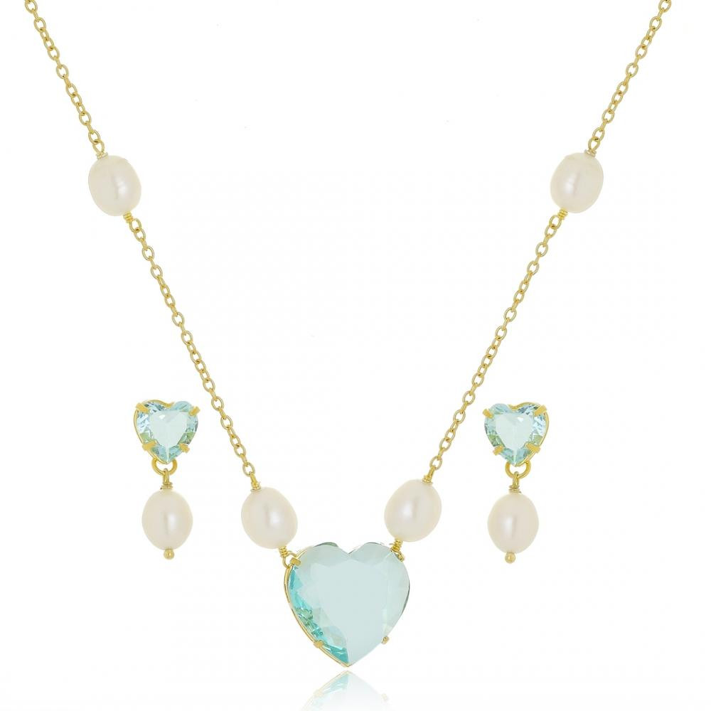 Conjunto de coração cravejado com pérolas folheado a ouro 18k
