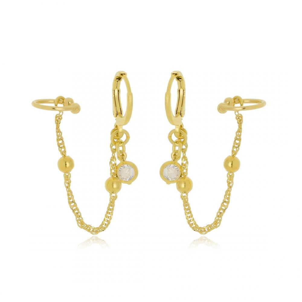 Brinco earcuff de argola com piercing fake folheado a ouro 18k