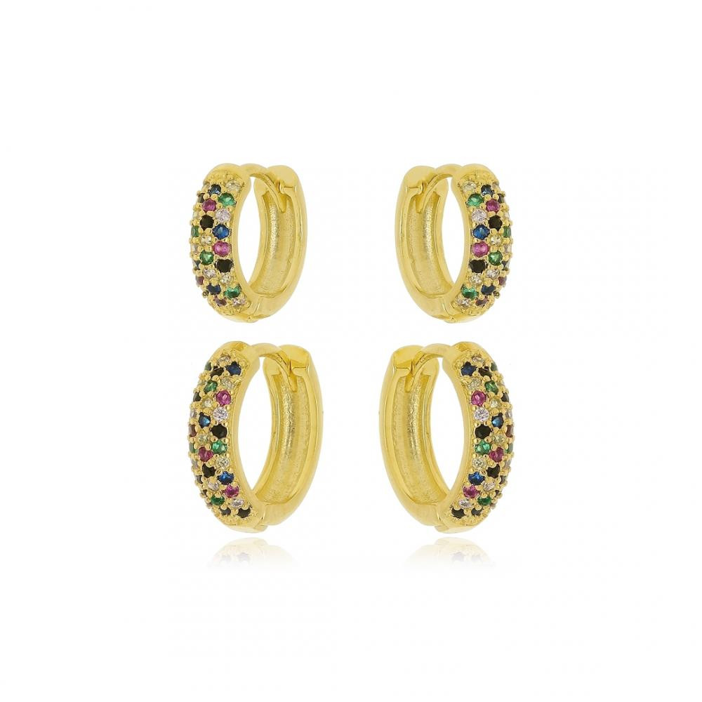 Dueto de argolas cravejadas com zircônia colorida folheado a ouro 18k  