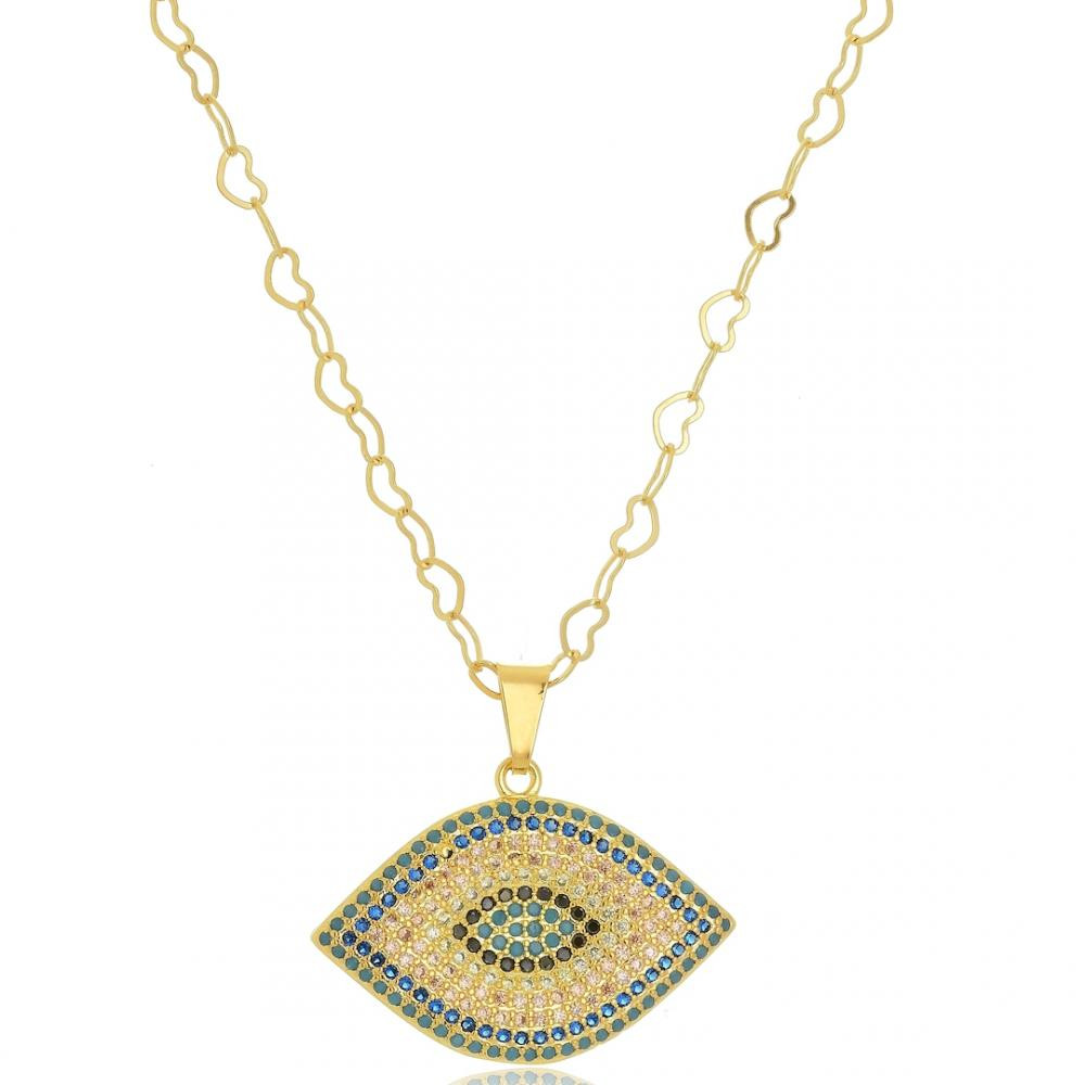 Colar com pingente de olho grego cravejado banhado a ouro 18k 