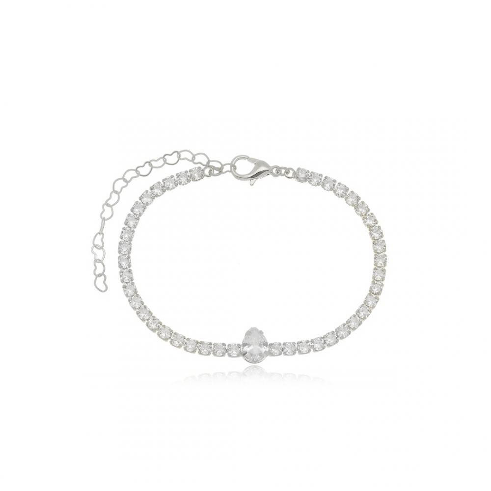 Pulseira riviera com pingente de gota cravejado na cor prata ródio branco 
