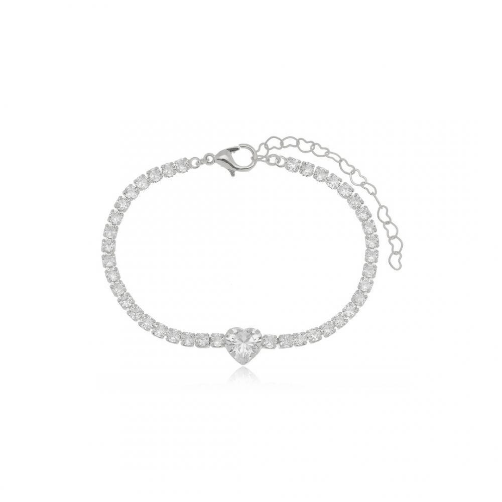 Pulseira riviera com pingente de coração cravejado na cor prata ródio branco
