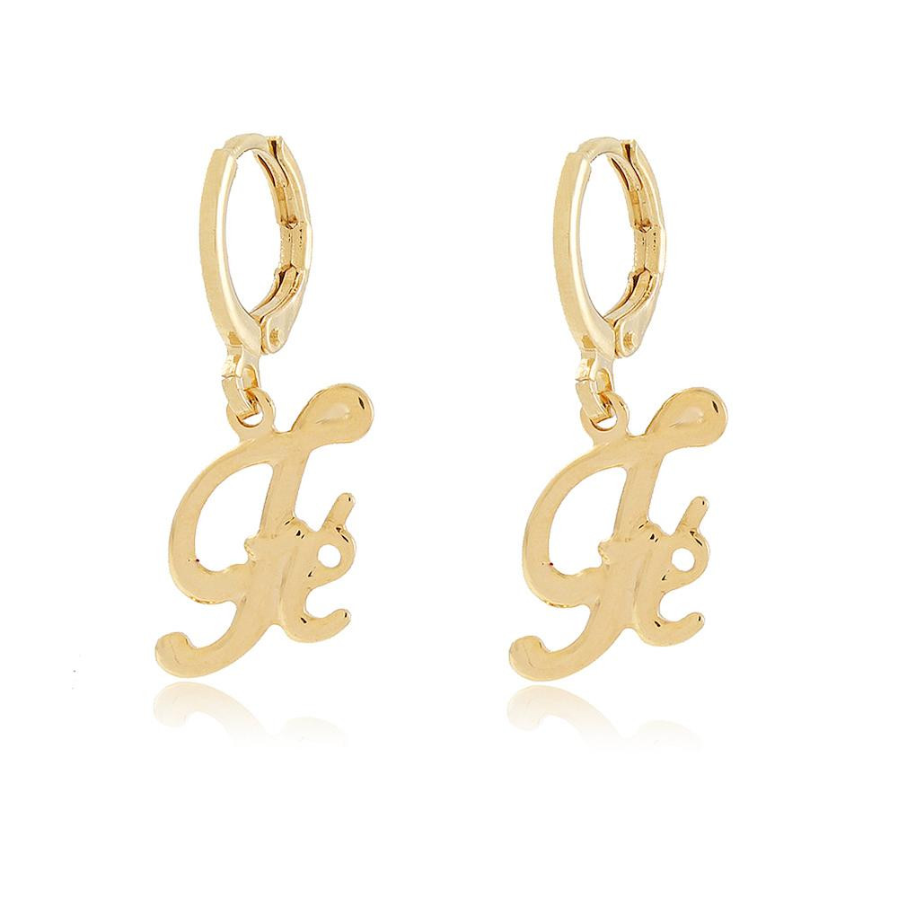 Brinco de argola click com pingente de fé  folheado a ouro 18k