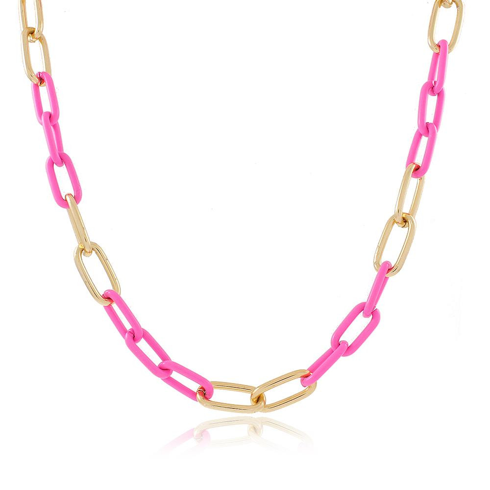 Colar com corrente de elos rosa folheado a ouro 18k 