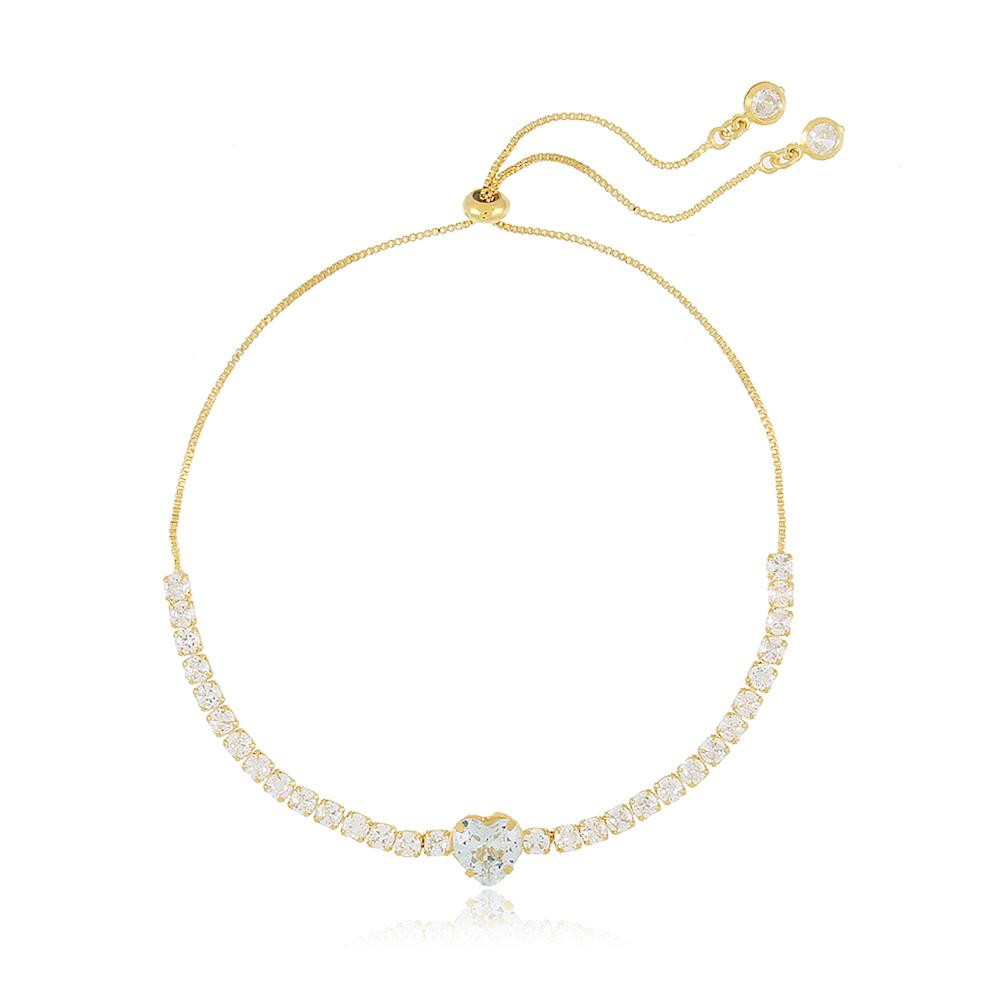 Pulseira riviera cristal regulável com pingente de coração banhada a ouro 18k  