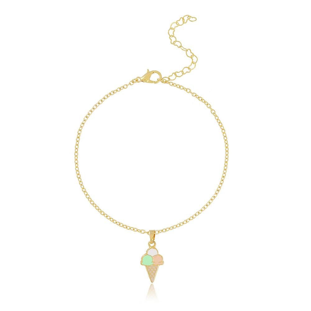 pulseira infantil com pingente de sorvete banhada a ouro 18k  
