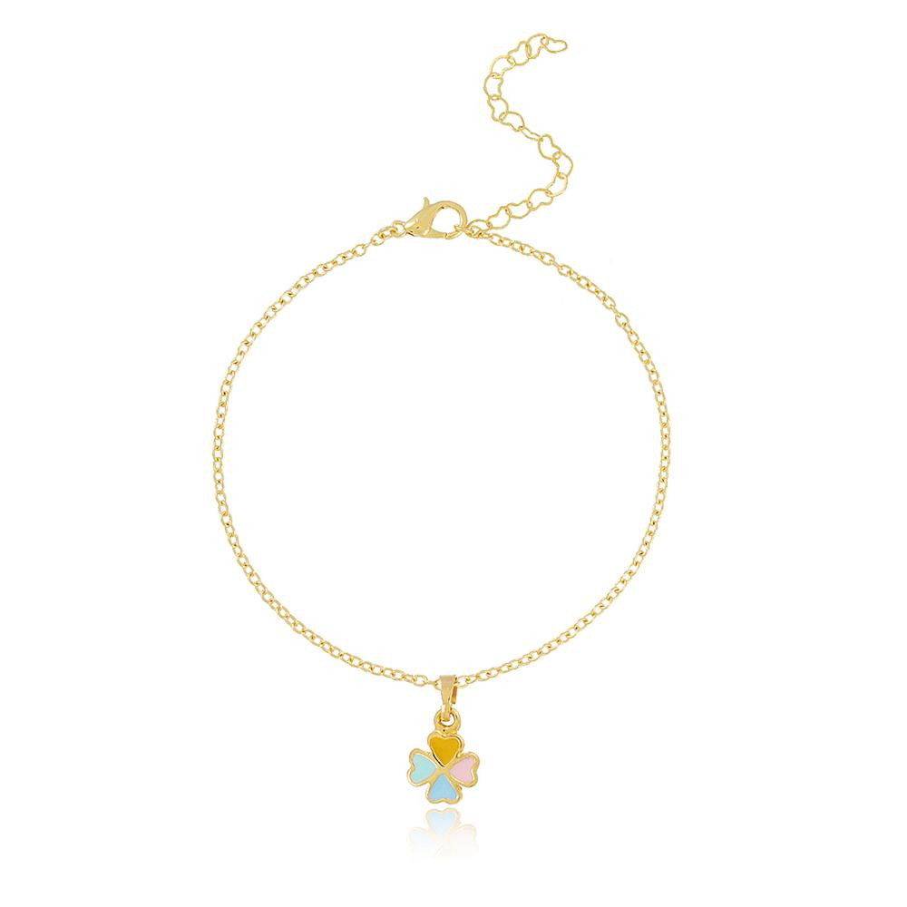 colar infantil com pingente de trevo de quatro folhas banhado a ouro 18k 