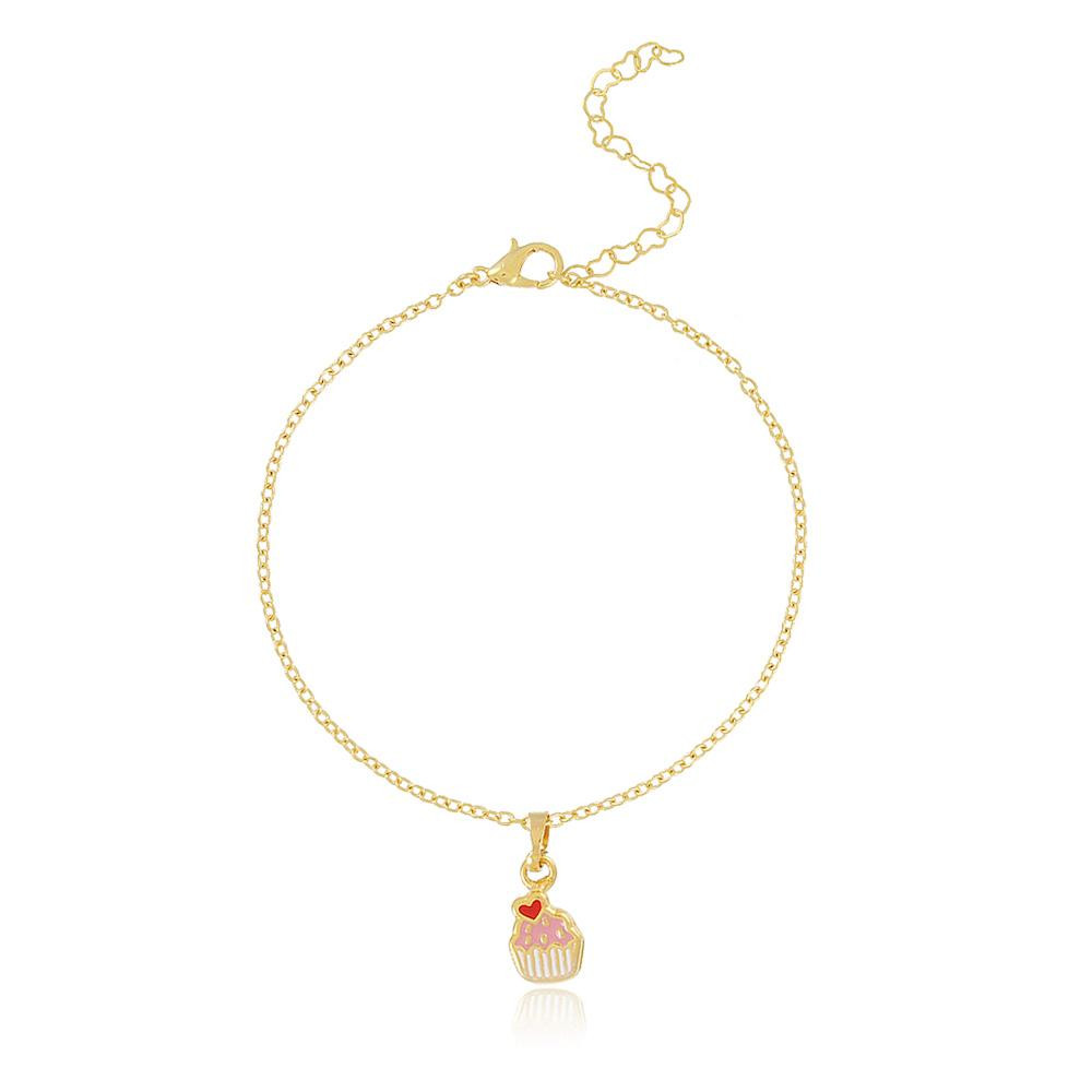 pulseira infantil com pingente de cupcake banhada a ouro 18k  
