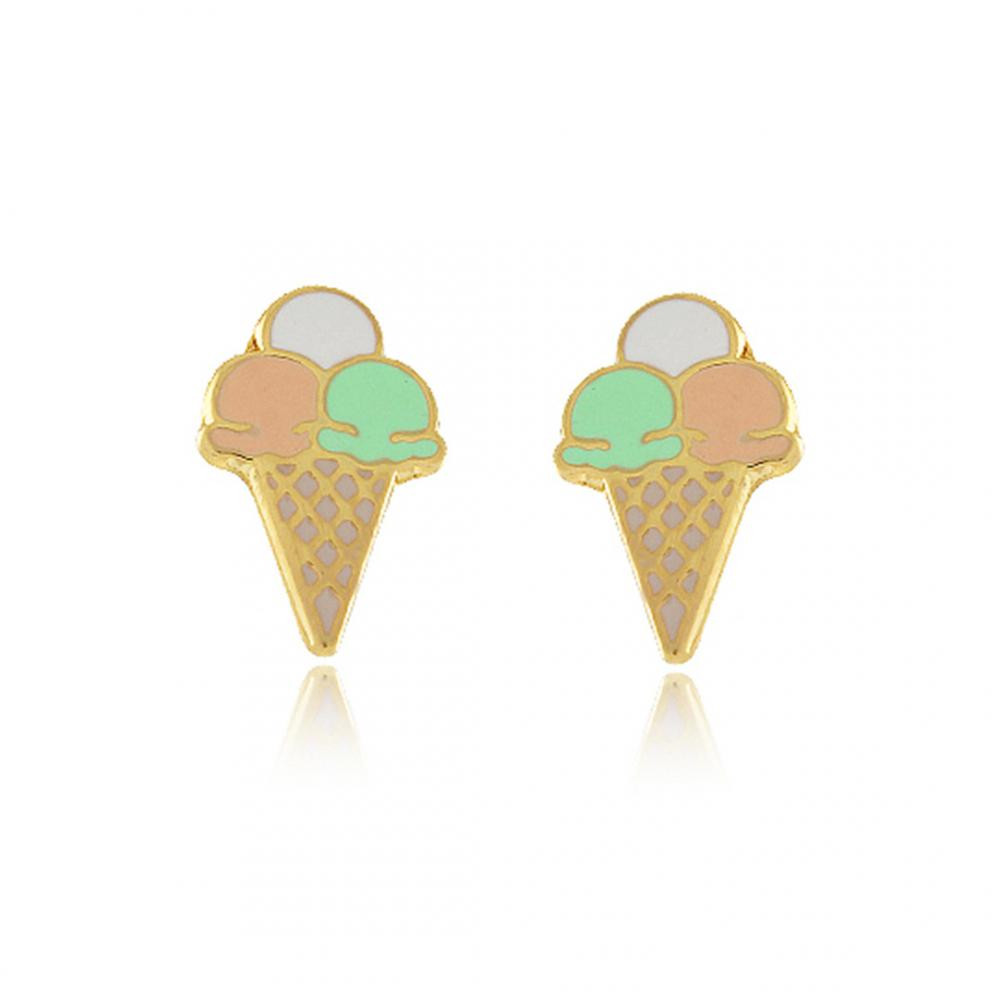 Brinco infantil de sorvete colorido banhado a ouro 18k
