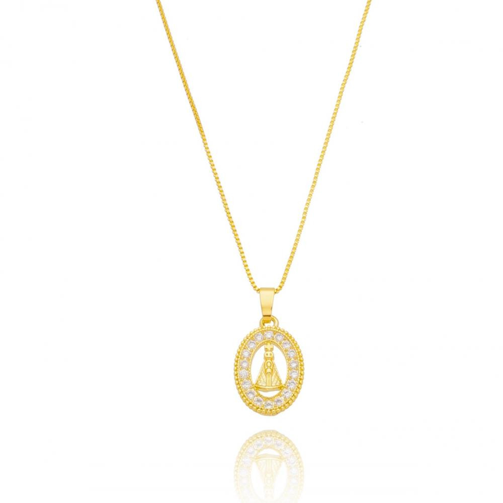 Colar com pingente de nossa senhora cravejado com zircônia e banhado a ouro 18k
