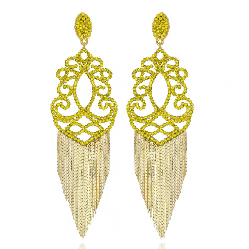 Brinco de strass amarelo com franja banhado a ouro 18k 