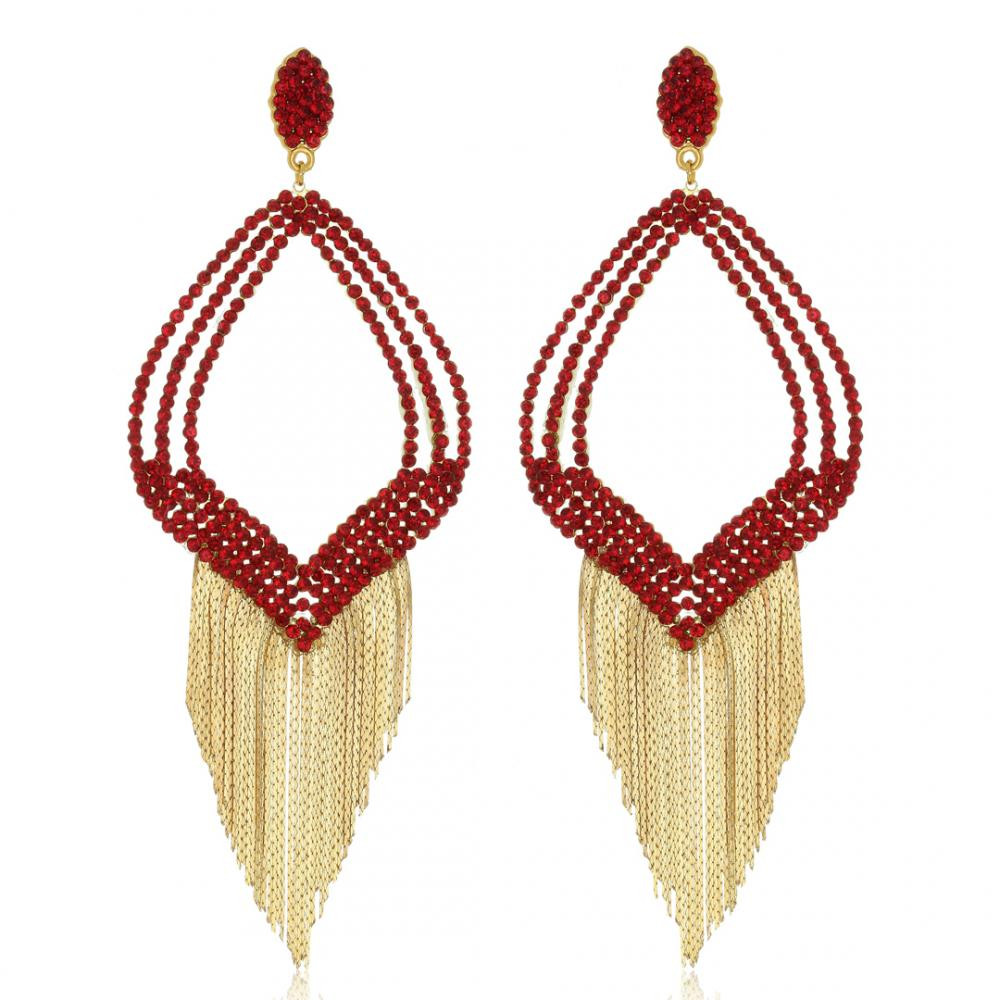 Brinco de strass vermelho com franja banhado a ouro 18k 