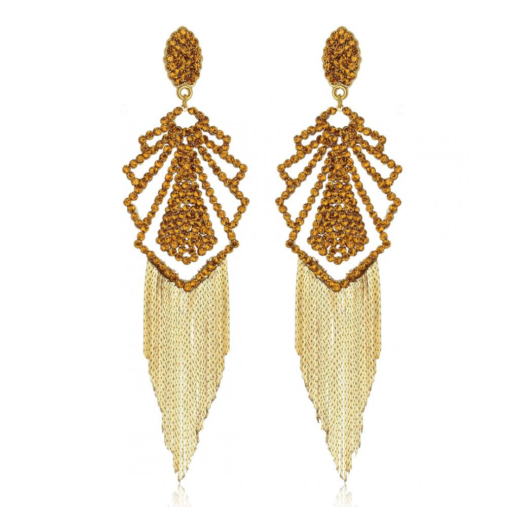 Brinco de strass laranja com franja banhado a ouro 18k 
