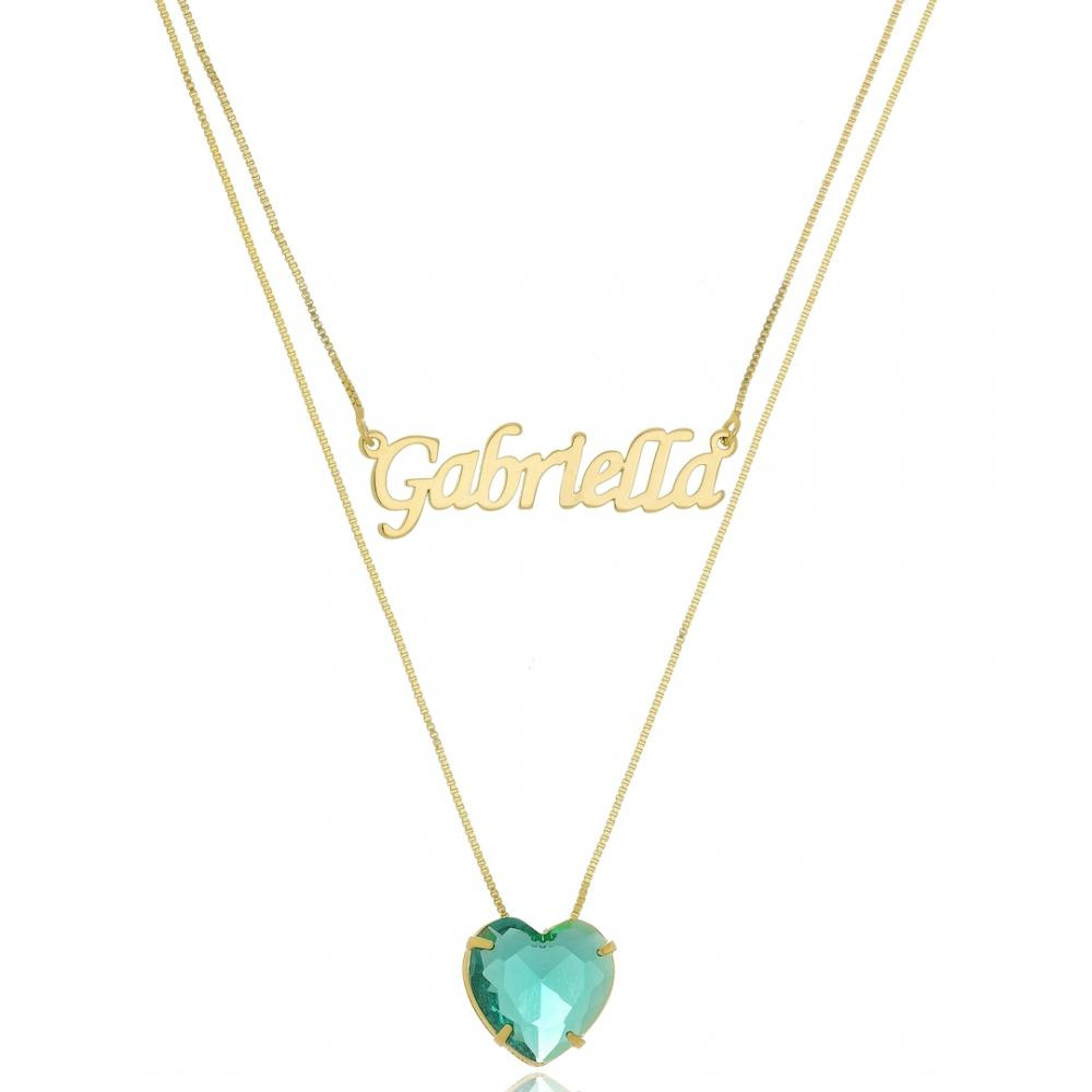 Colar duplo personalizado com nome e coração cravejado banhado a ouro 18k 