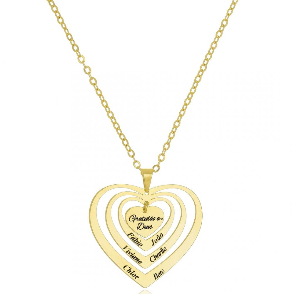 Colar de corações personalizado com nomes e frase banhado a ouro 18k