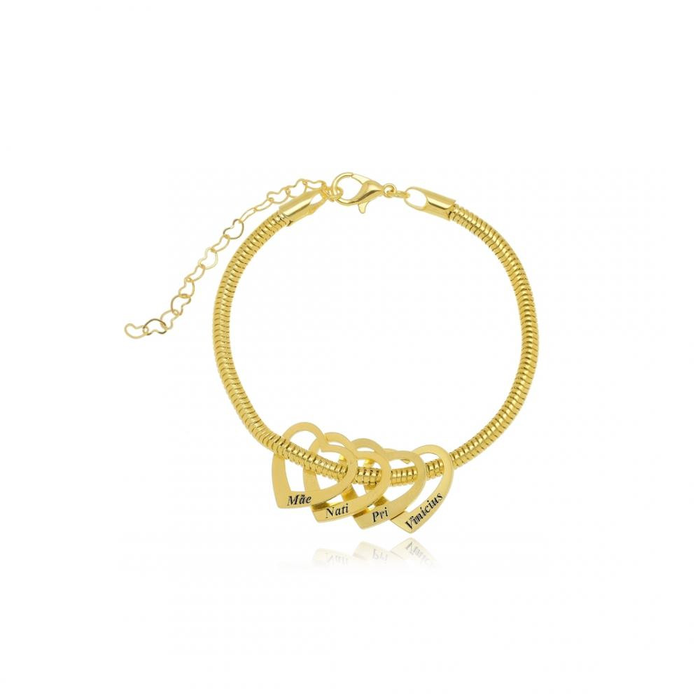 Pulseira corrente rabo de rato com corações personalizados banhados em ouro 18k