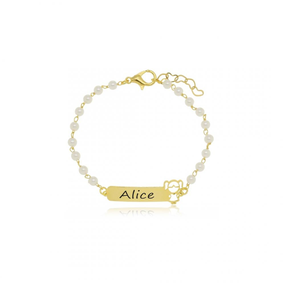 Pulseira infantil personalizada com  boneco e nome banhado a ouro 18k
