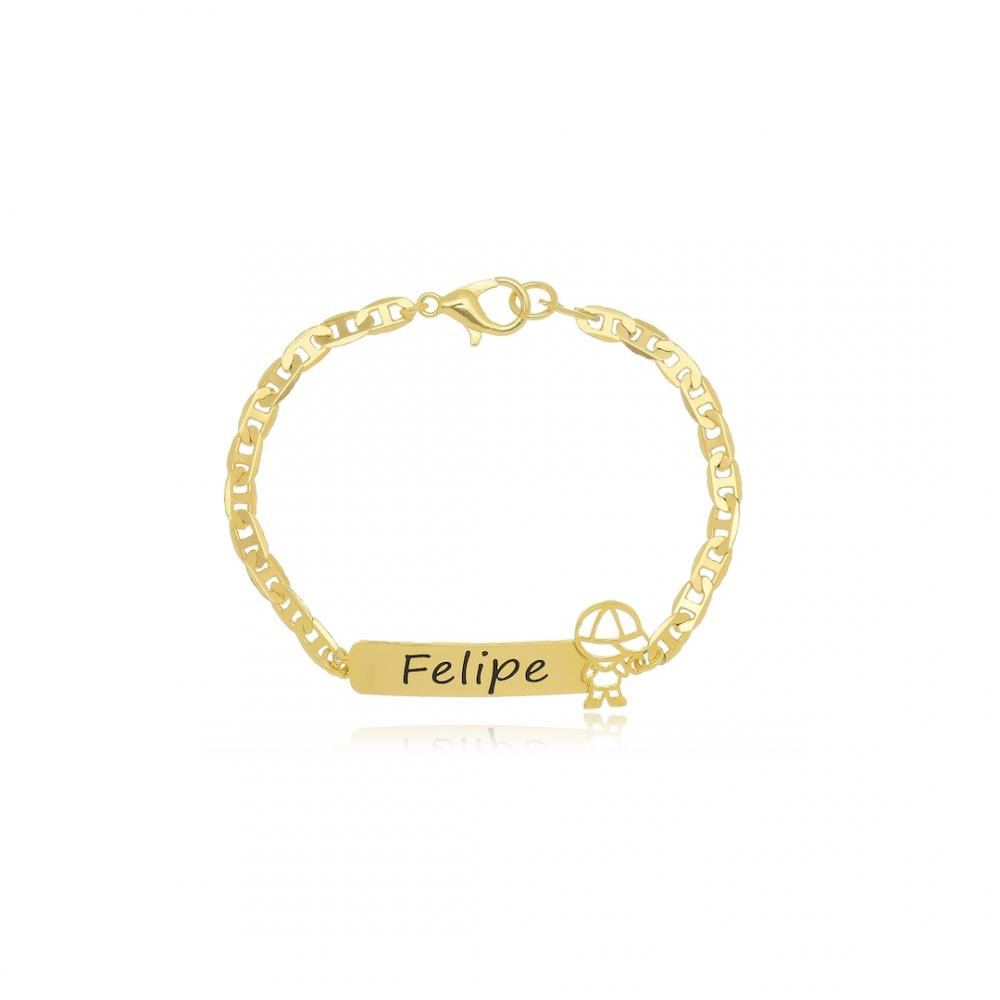 Pulseira infantil personalizada com  boneco e nome banhado a ouro 18k