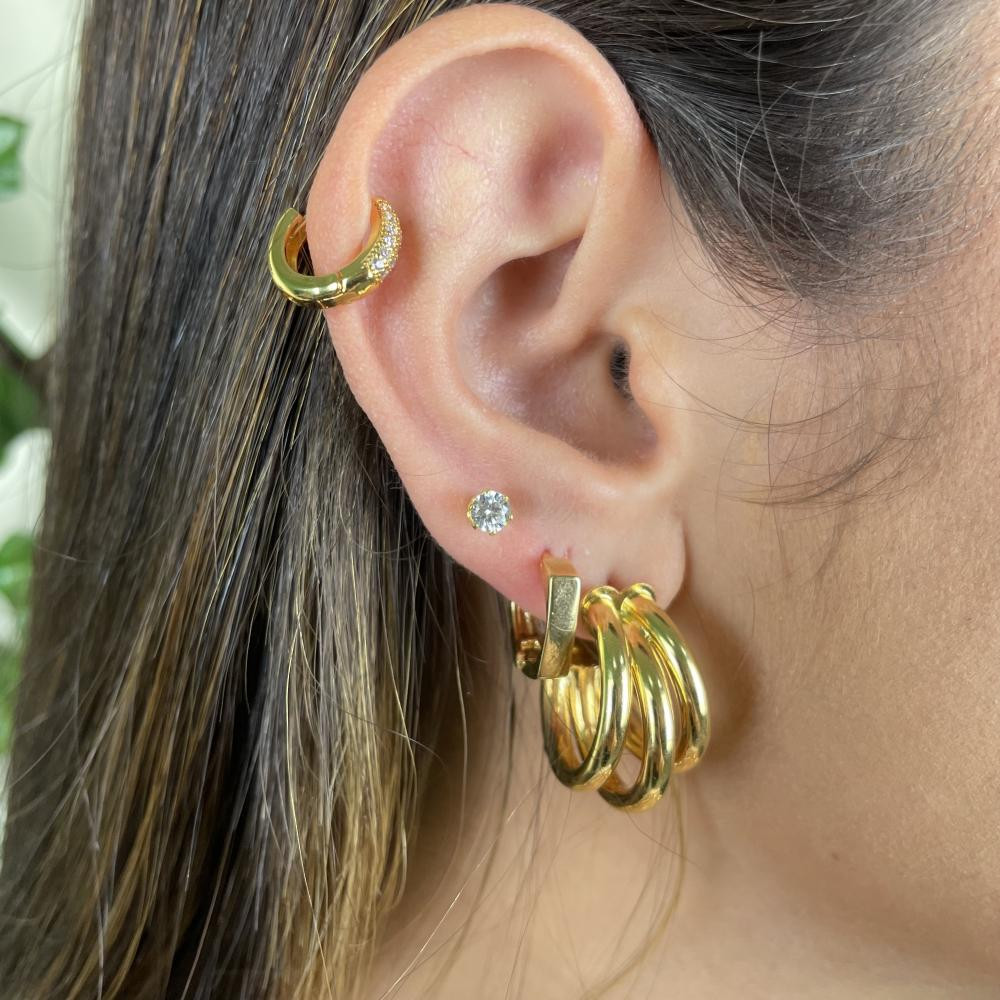 Brinco de argola tubo triplo folheado a ouro 18k