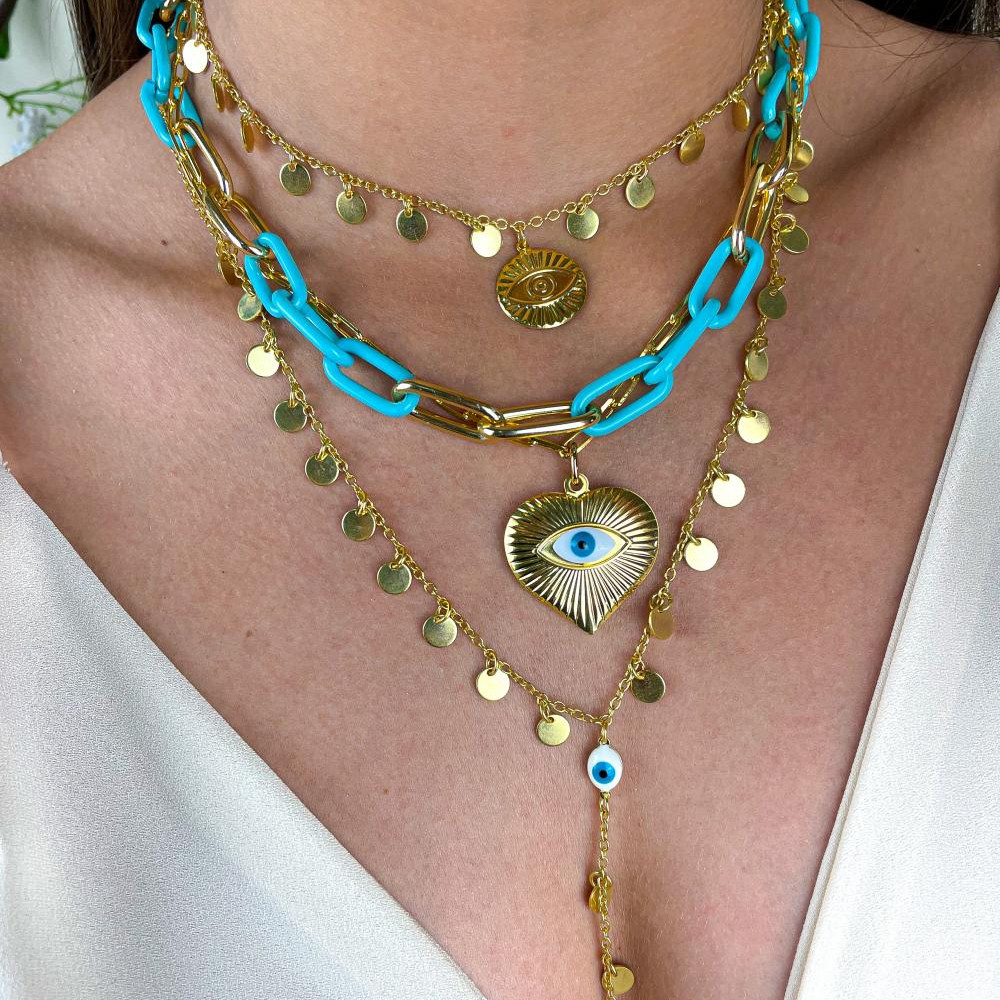 Colar com corrente de elos azul folheado a ouro 18k 