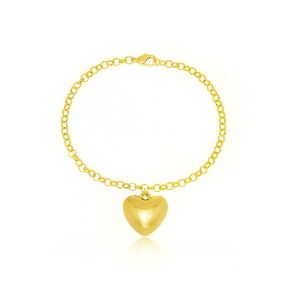 Pulseira com corrente de elo português e pingente de coração liso banhada a ouro 18k