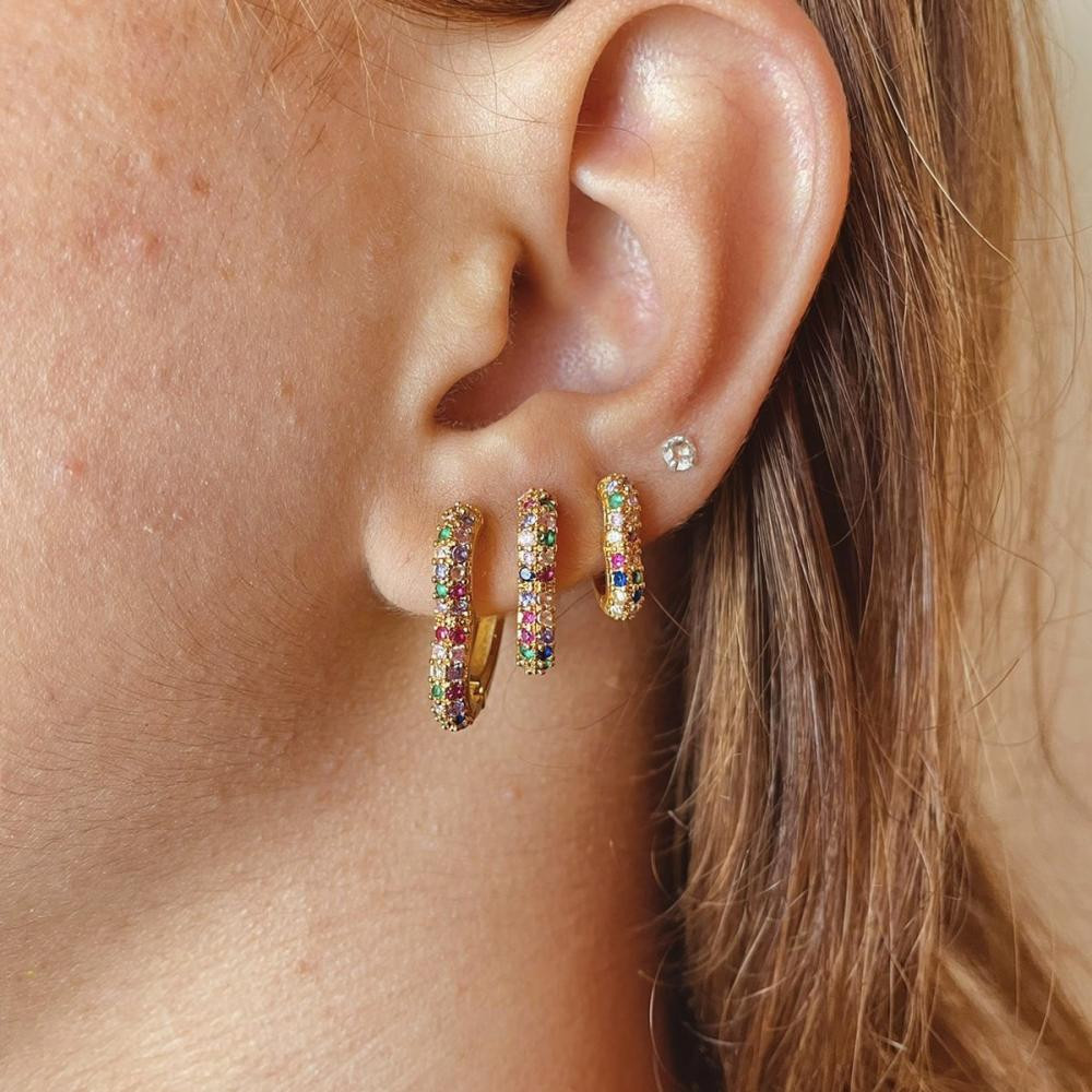 Trio de argola de coração cravejado com zircônia colorida banhado a ouro 18k 