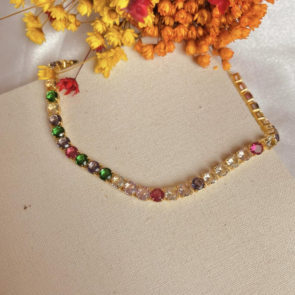 Pulseira Cloe riviera colorida regulável banhada a ouro 18k  