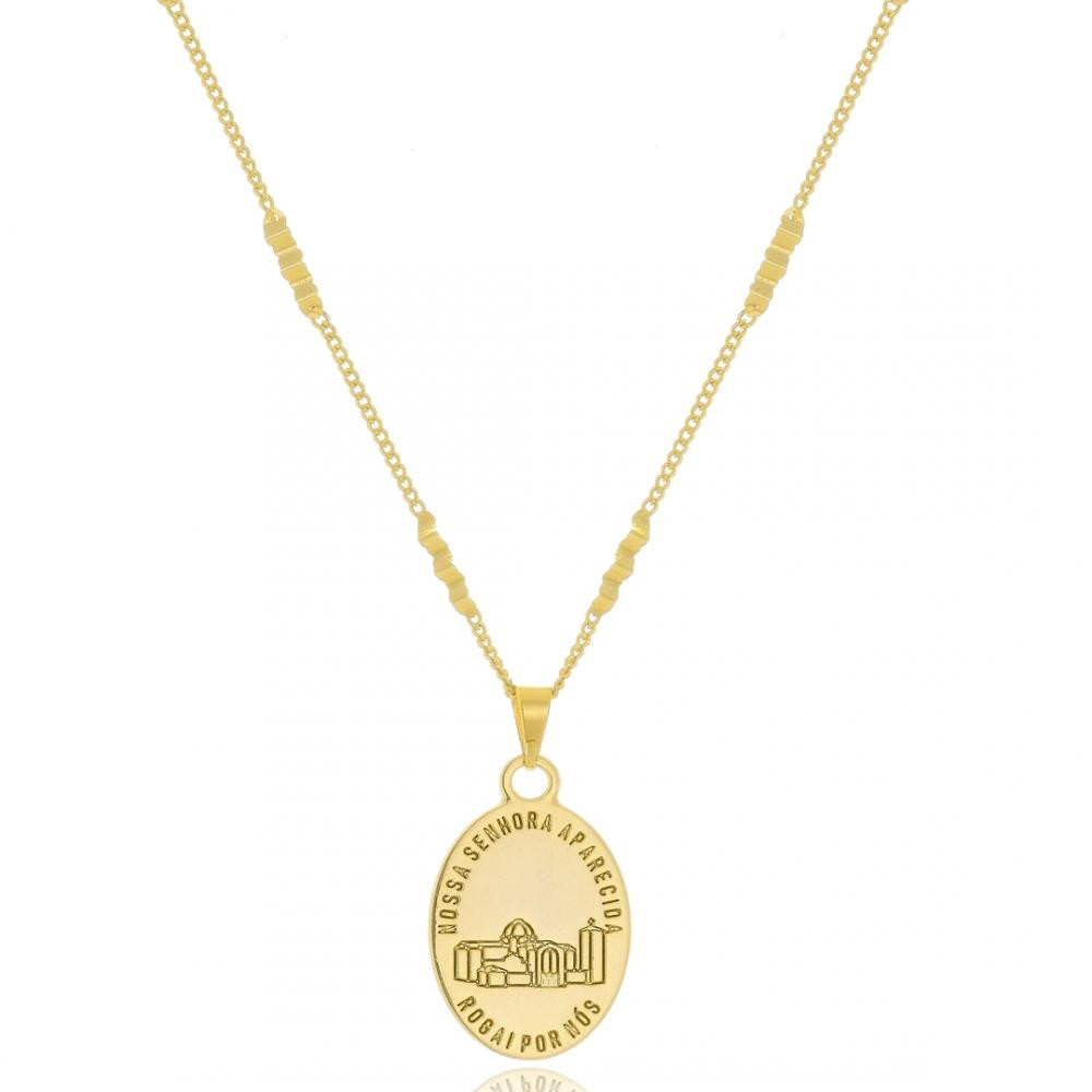 Colar com corrente chapada e pingente de Nossa Senhora banhado a ouro 18k