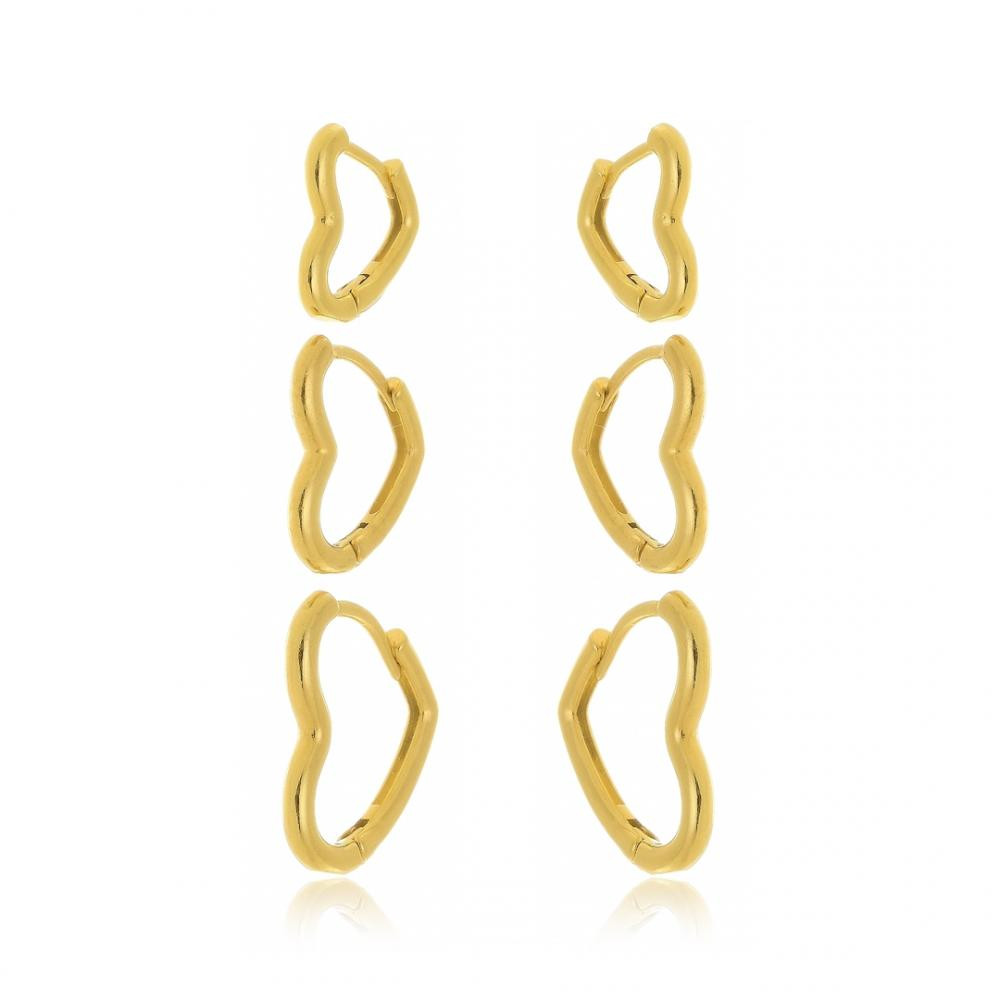 Trio de argolas de coração liso banhado a ouro 18k