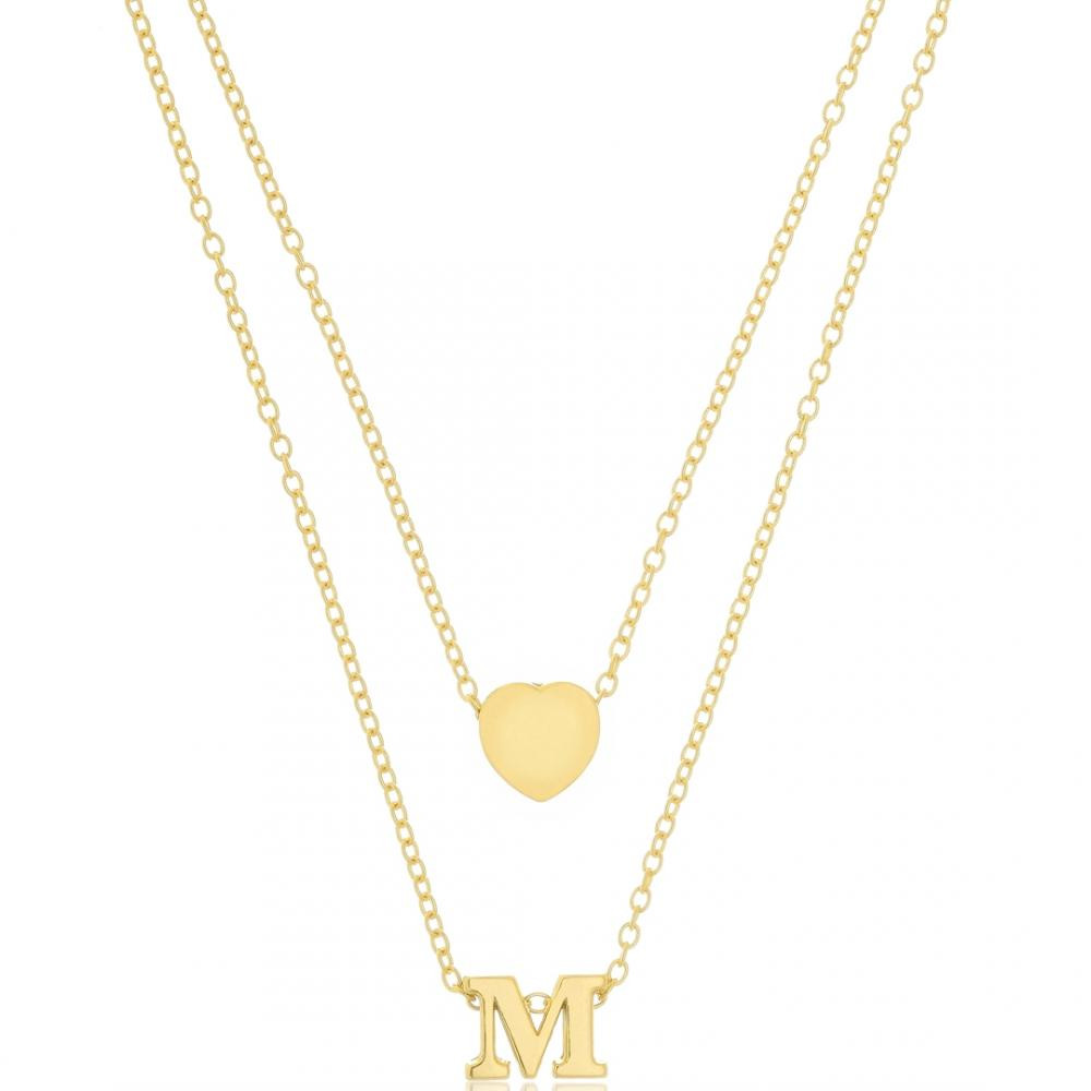 Colar duplo personalizado com letra e coração liso banhado a ouro 18k 