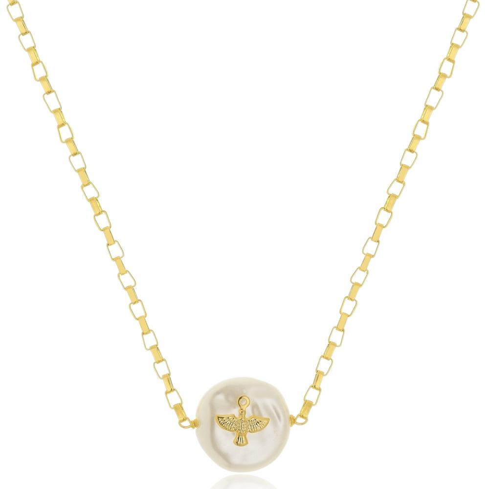 Colar com corrente tijolinho e madrepérola com pingente do Espirito Santo banhado a ouro 18k 