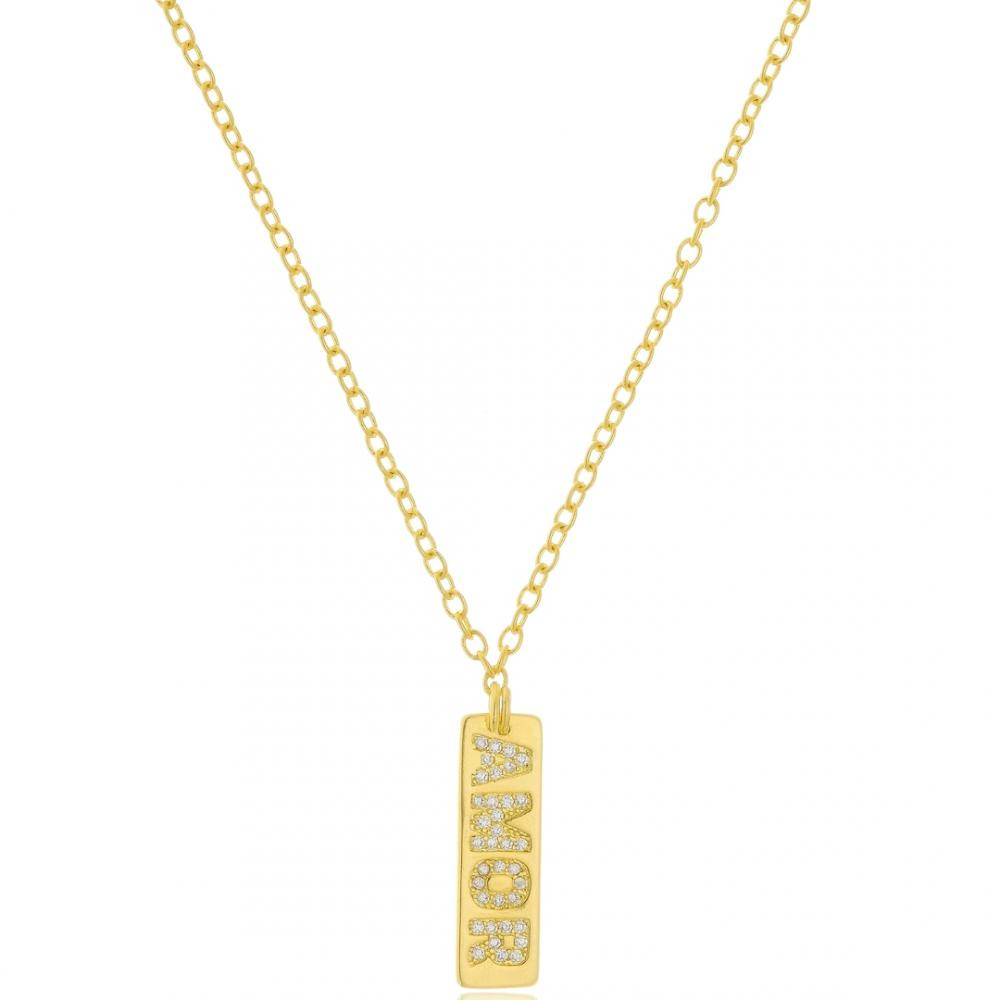 Colar com pingente de placa amor banhado a ouro 18k 