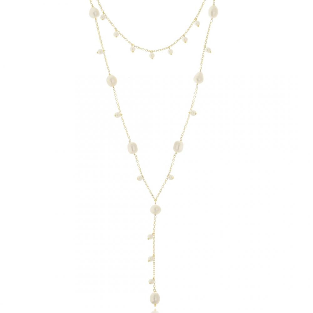 Colar duplo gravata com pérolas banhado a ouro 18k