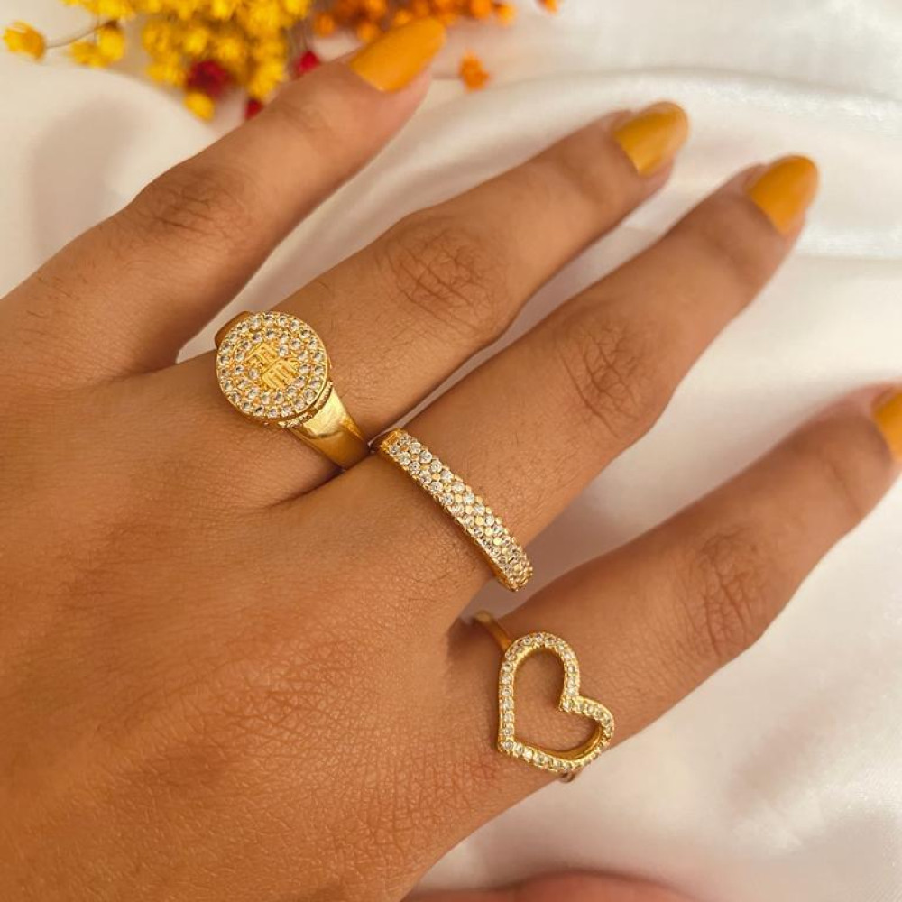Anel aparador duplo com duas fileiras de zircônia cravejada banhado a ouro 18k