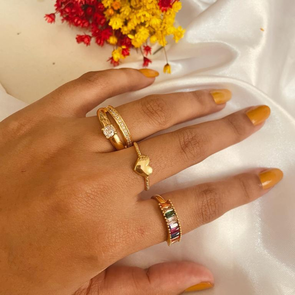 Anel duplo cravejado banhado a ouro 18k