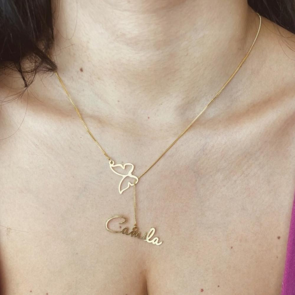 Colar personalizado gravata com nome e pingente borboleta banhado a ouro 18k