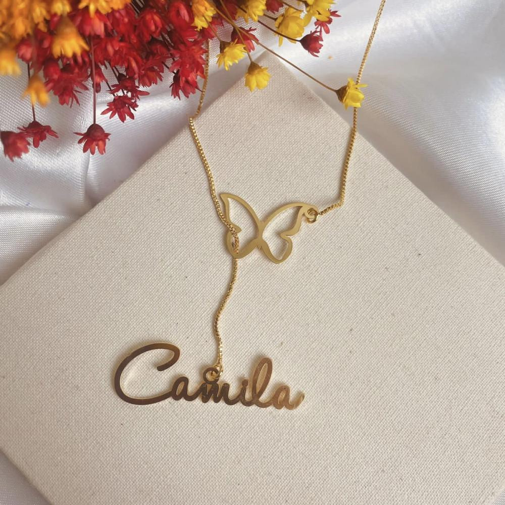 Colar personalizado gravata com nome e pingente borboleta banhado a ouro 18k