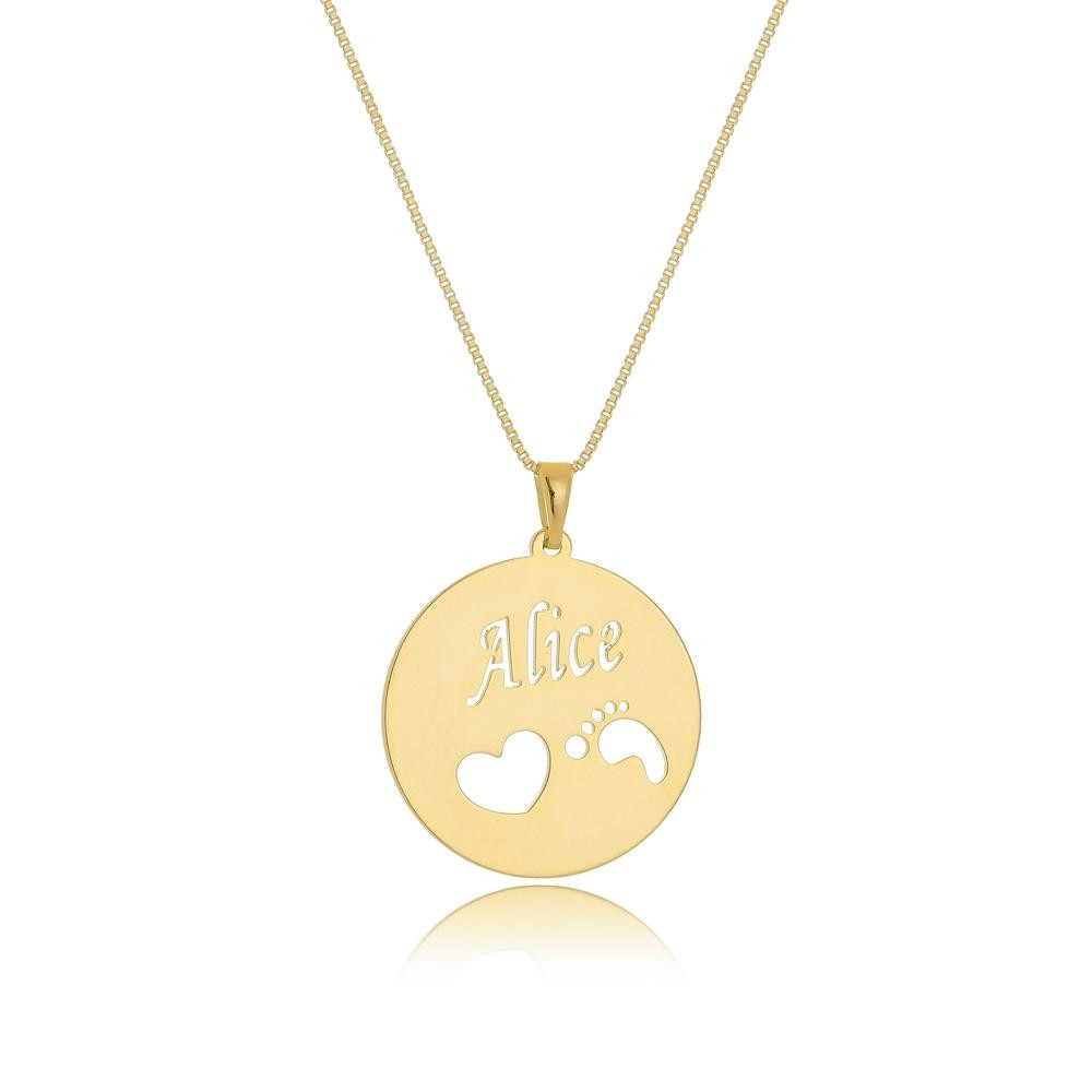 Colar mandala de medalha com nome e mais detalhes banhado a ouro 18k