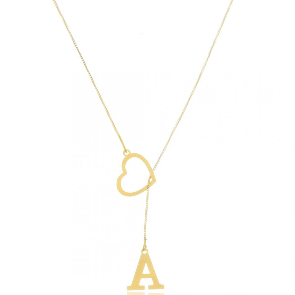 Colar gravata coração com letra personalizada banhado a ouro 18k
