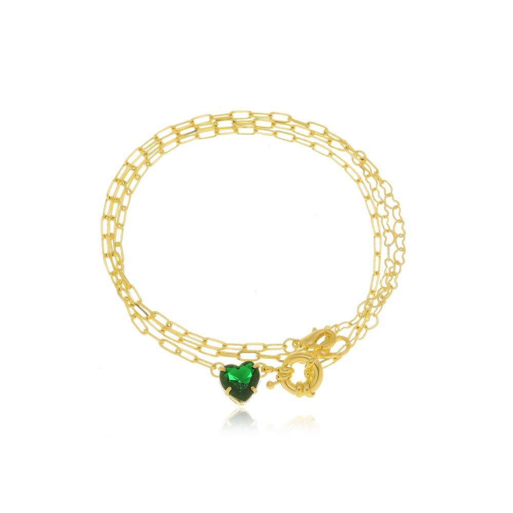Trio de pulseiras com fecho boia e pingente de coração cravejado banhado a ouro 18k