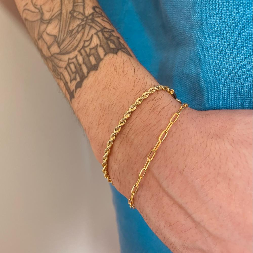 Pulseira masculina com corrente de elos pequeno retangular banhado a ouro 18k