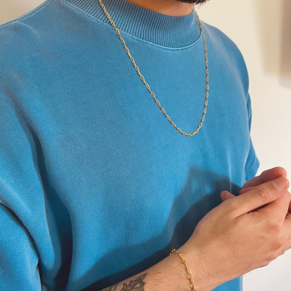 Corrente masculina de elos pequeno retangular banhado a ouro 18k