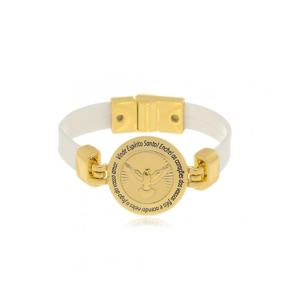 Bracelete no couro com pingente de Espírito  Santo banhado a ouro 18k