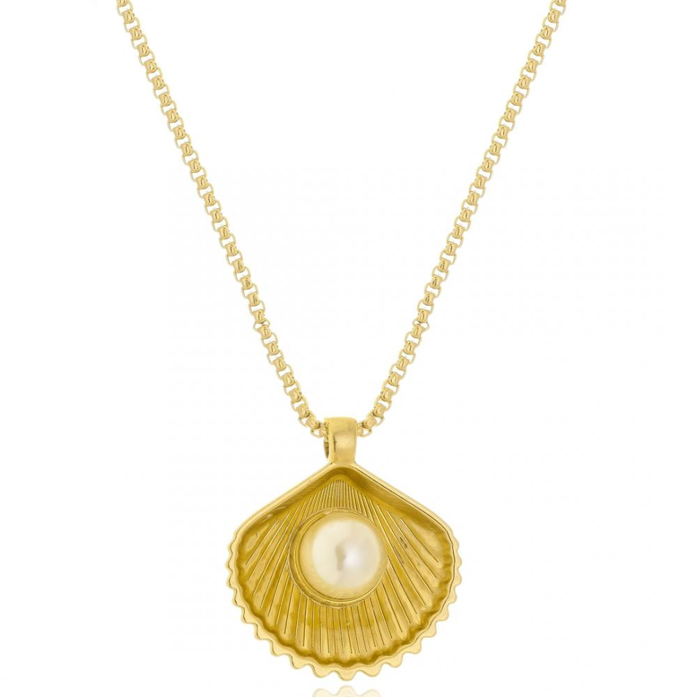 Colar longo com pingente concha e pérola banhado a ouro 18k