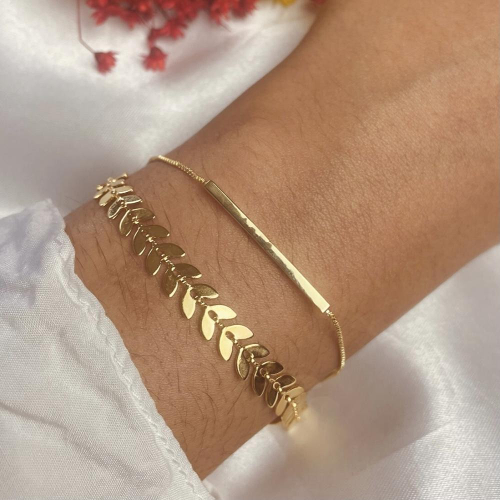 Pulseira regulável folha de oliveira escama folheada a ouro 18k